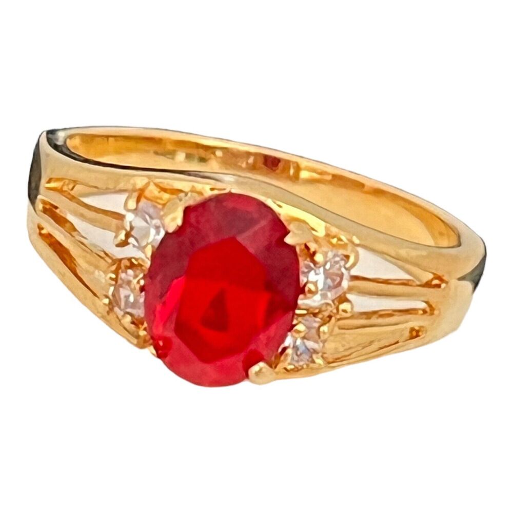 Vintage 1980s Lady Remington Cocktail Ring Red Crystal Gold Plate Accents - 4Q